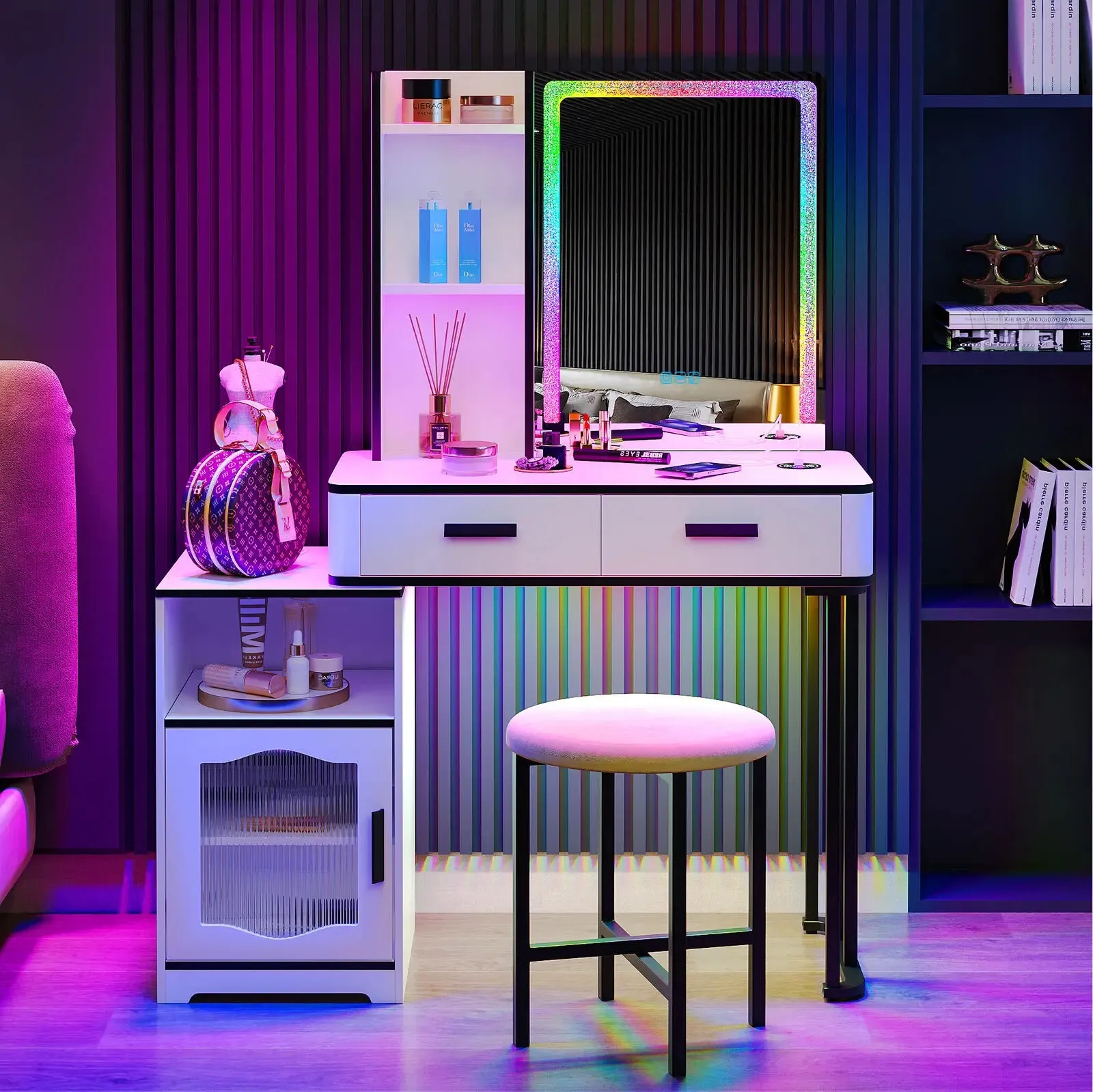 LED Vanity Makeup Table Set with Smart 7-Color Light and Charging Station