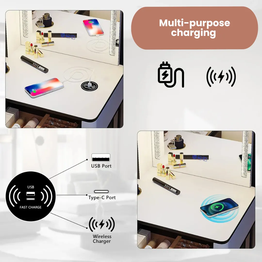 LED Vanity Makeup Table Set with Smart 7-Color Light and Charging Station