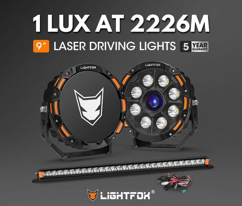 Lightfox 9 inch Osram Laser LED Driving Lights   28 inch LED Light Bar   Wiring Kit