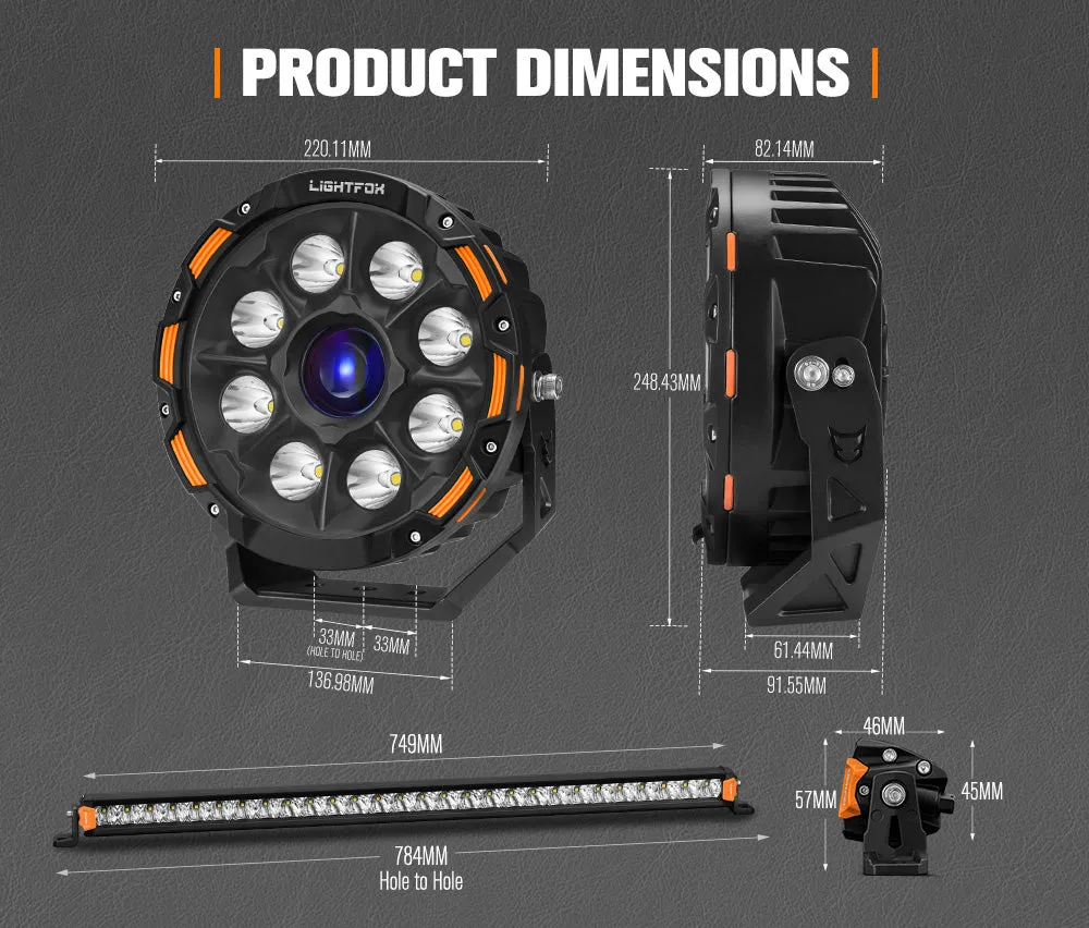 Lightfox 9 inch Osram Laser LED Driving Lights   28 inch LED Light Bar   Wiring Kit