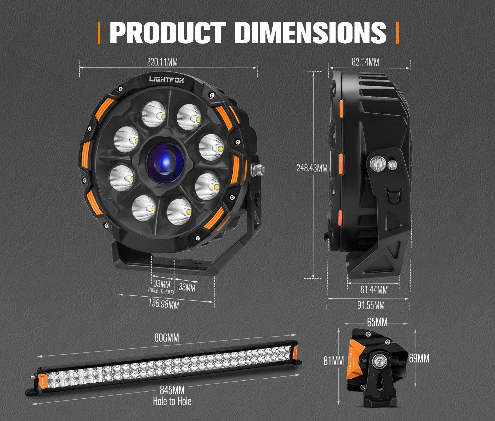 LIGHTFOX OSRAM 9 inch Laser Round Driving Lights 30 inch Dual Row LED Light Bar Headlight with Wiring Kit