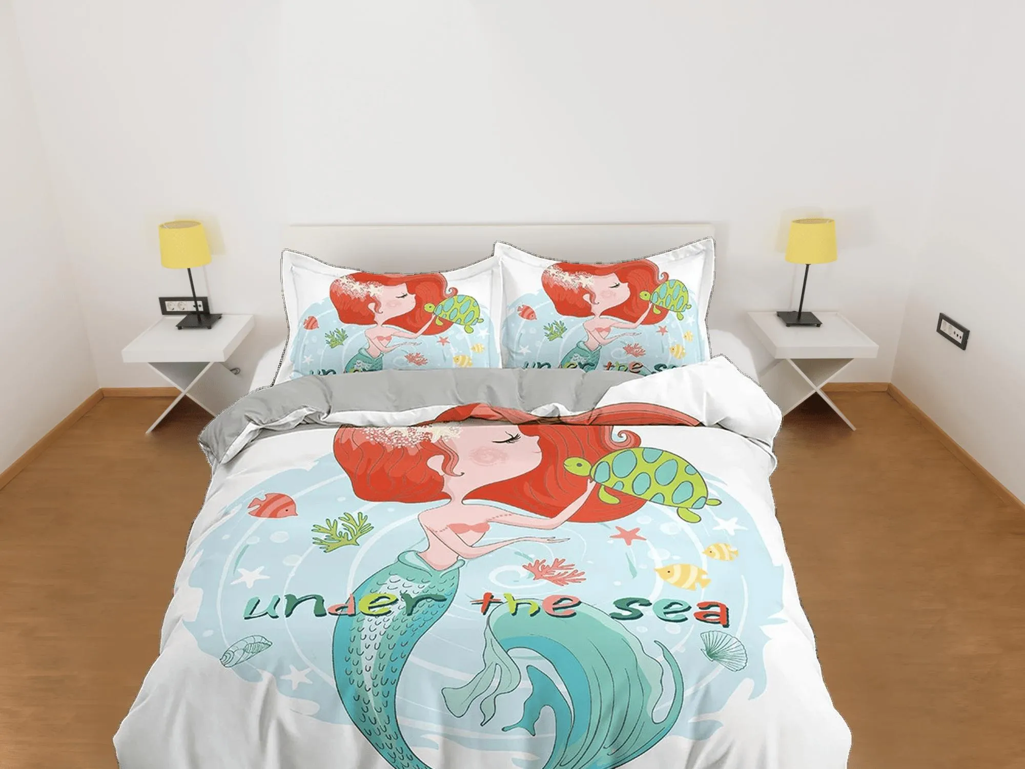 Little mermaid and turtle friend fairytale toddler bedding, unique duvet cover kids, crib bedding, baby zipper bedding, king queen full twin