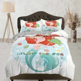 Little mermaid and turtle friend fairytale toddler bedding, unique duvet cover kids, crib bedding, baby zipper bedding, king queen full twin