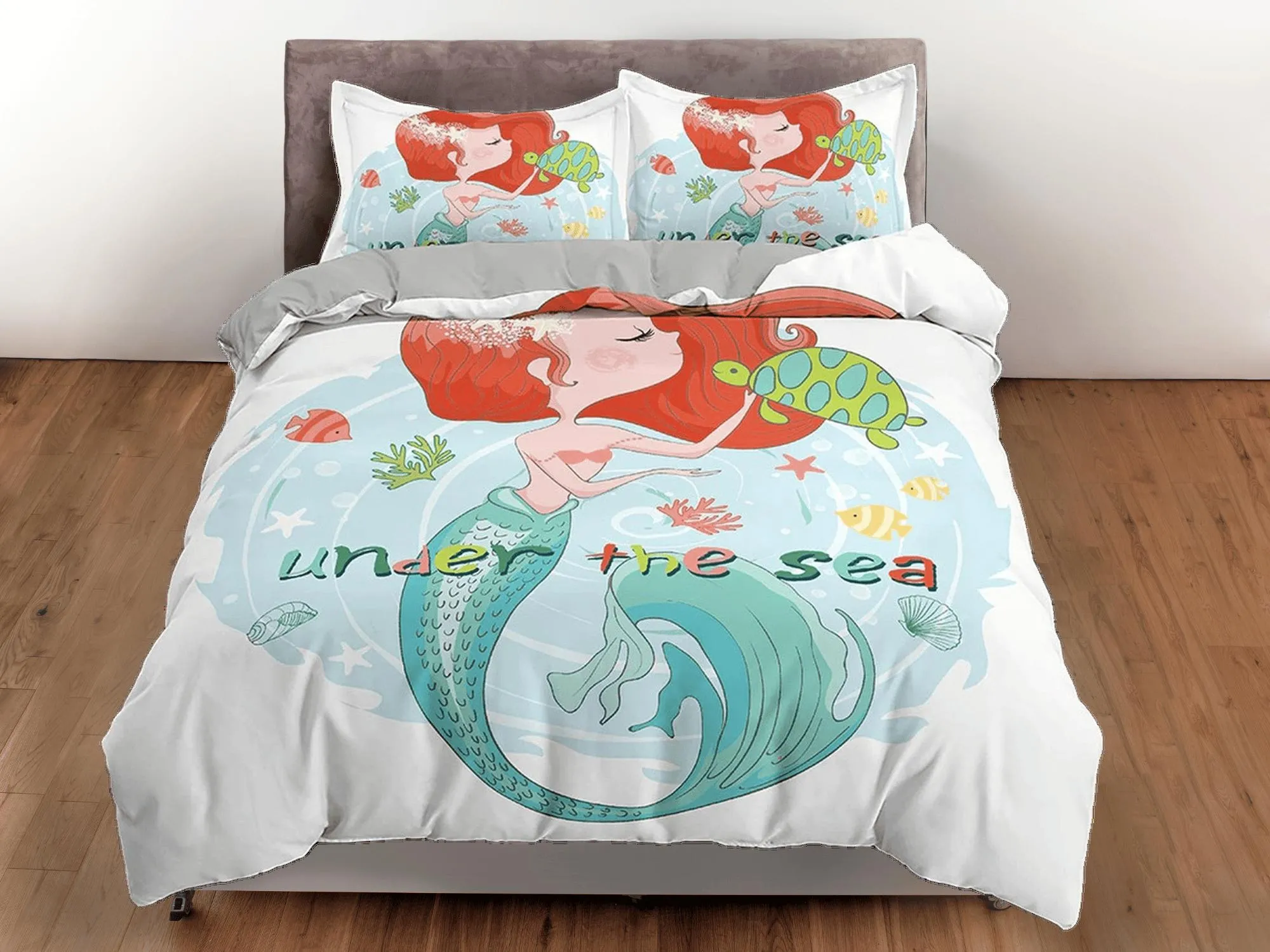 Little mermaid and turtle friend fairytale toddler bedding, unique duvet cover kids, crib bedding, baby zipper bedding, king queen full twin