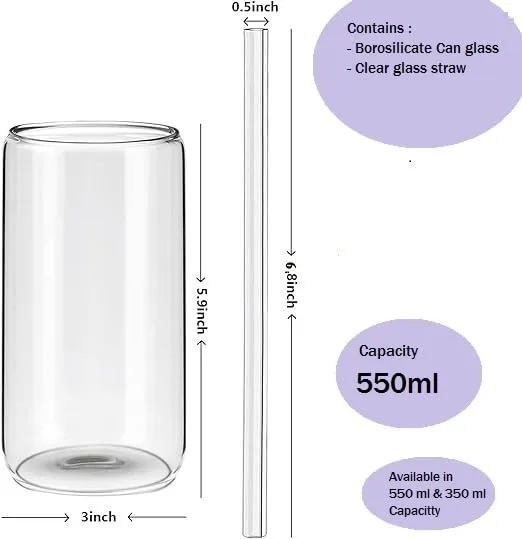 M Glass Drinking Glasses - 500ml Can Shaped Glass Cups with 7mm Clear Straws - 15 oz Beer Glass, Tumbler Cup, Iced Coffee Glass Cup (2)