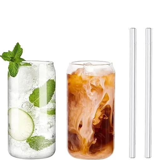 M Glass Drinking Glasses - 500ml Can Shaped Glass Cups with 7mm Clear Straws - 15 oz Beer Glass, Tumbler Cup, Iced Coffee Glass Cup (2)