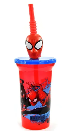 Marvel Super Hero Spiderman Buddy Sips Water Tumbler with 3D Character Head Straw Drinkware - Safe BPA free Bottles, Easy to Clean.