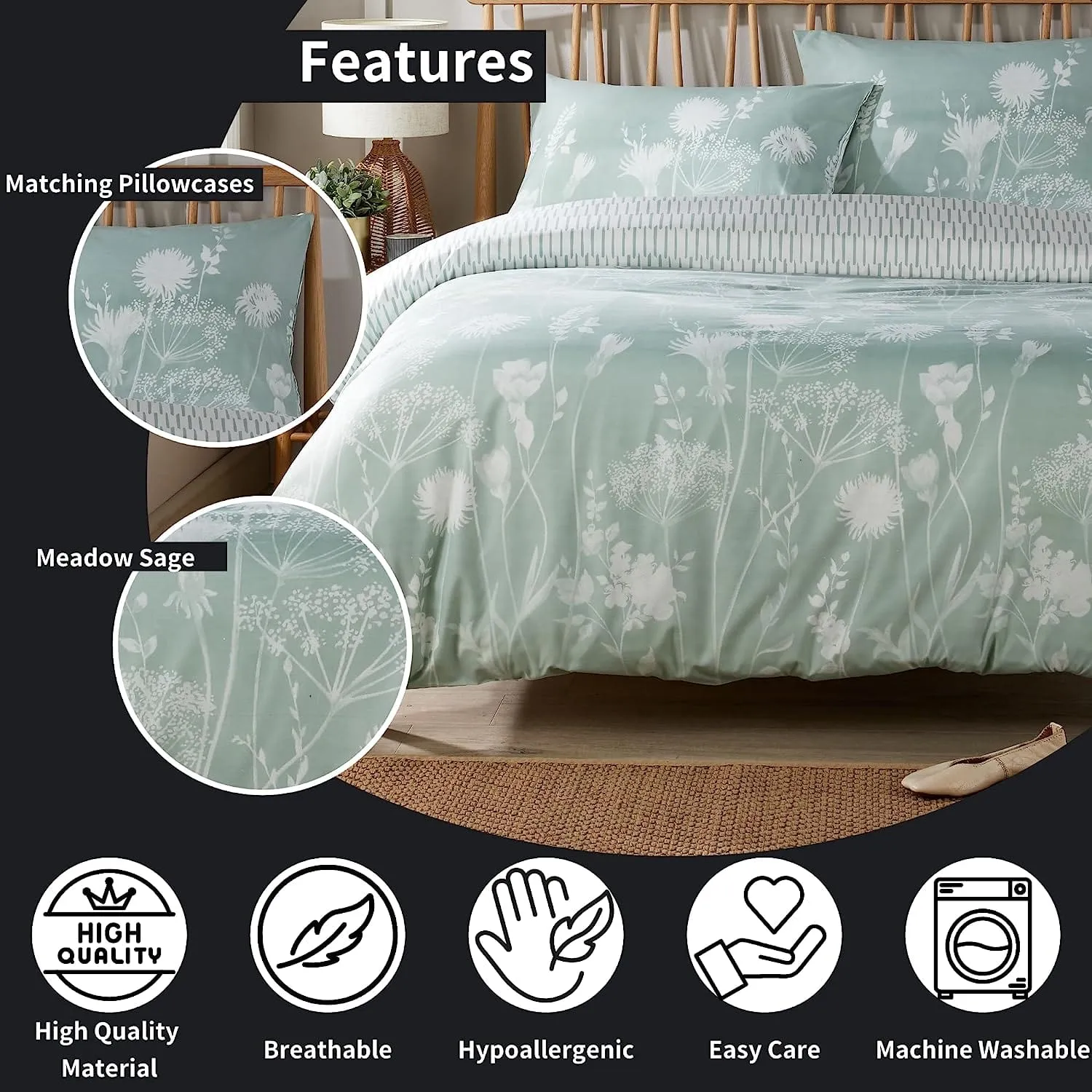 Meadow Sage Green Reversible Duvet Cover Set with Pillowcases Easy Care Durable Polyester Stylish Quilted Design Single Double King by OLIVIA ROCCO