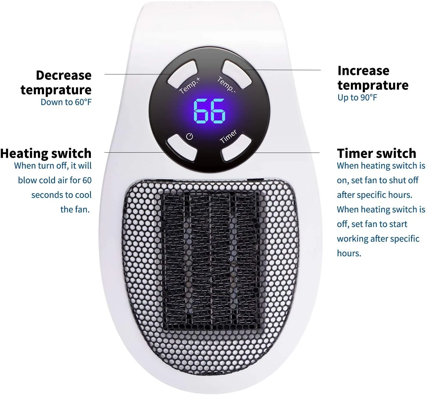 Mini Portable Electric Heater - Programmable & Adjustable Thermostat for Bedroom, Home Office, Personal Use