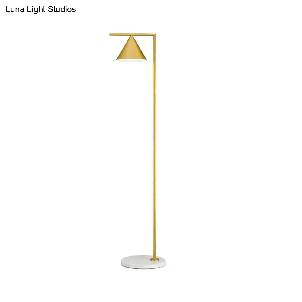 Minimalist Conical Shade Floor Light with Right Angle Arm - Black/Gold Finish Stand-Up Lamp