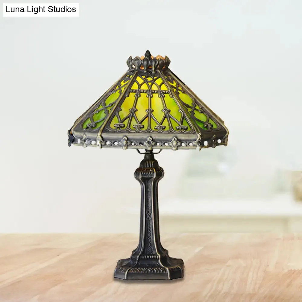 Mission Style Bronze Pyramid Nightstand Light with Green/Beige Glass - Ideal for Living Room