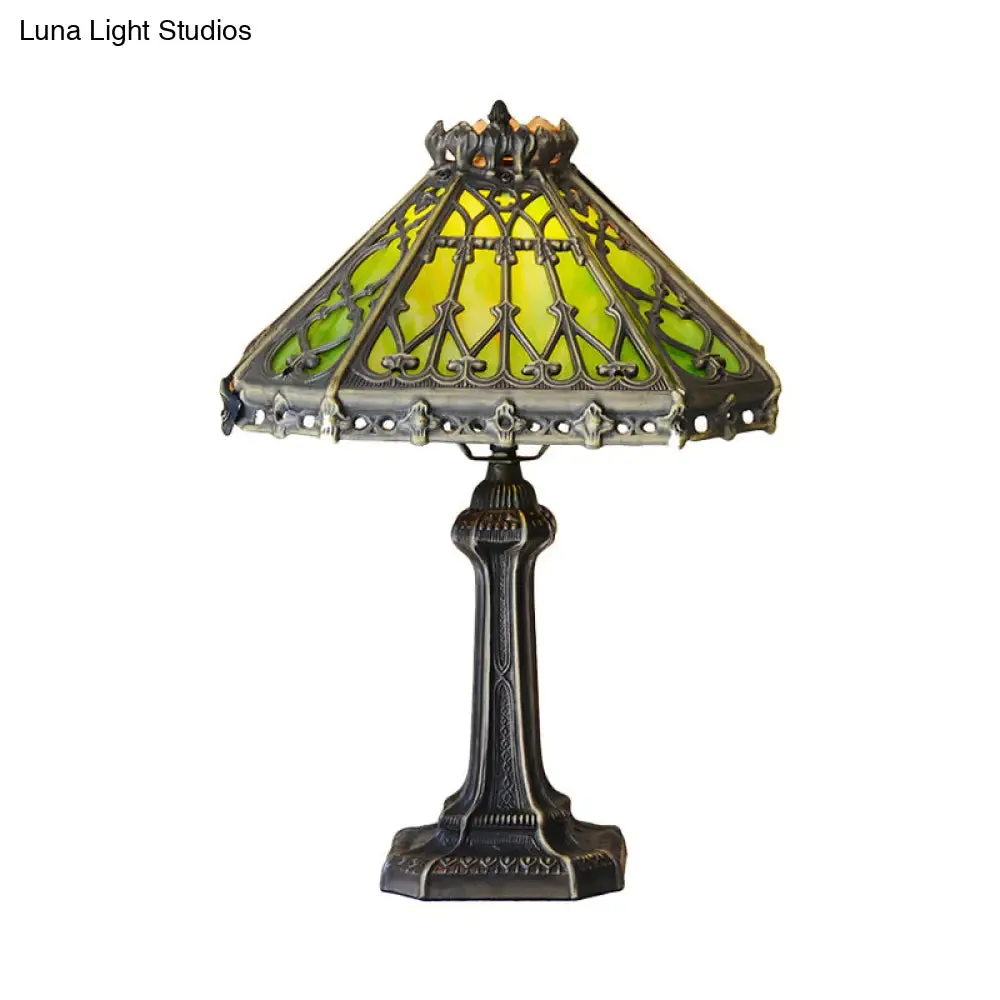 Mission Style Bronze Pyramid Nightstand Light with Green/Beige Glass - Ideal for Living Room