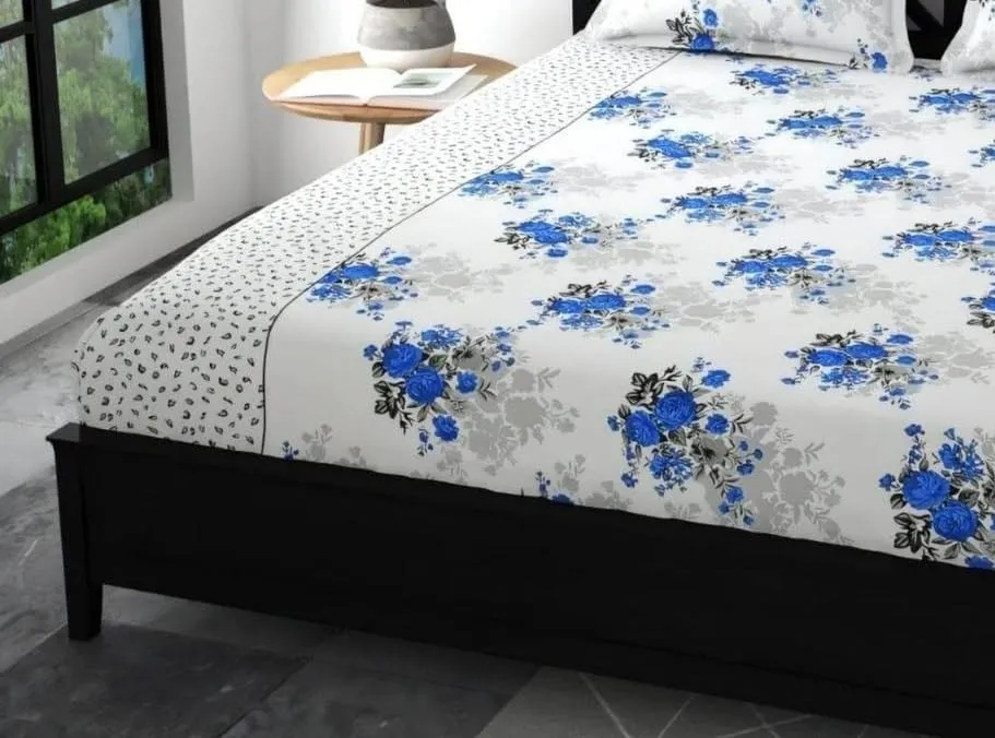 MKS Homes Cotton Feel All Around Elastic Fitted Glace Printed King Size Double Bed Bedsheet with 2 Large Pillow Covers Fits Upto Mattress of 8 Inches,Size - 72 x 78 x 10 Inches- Blue