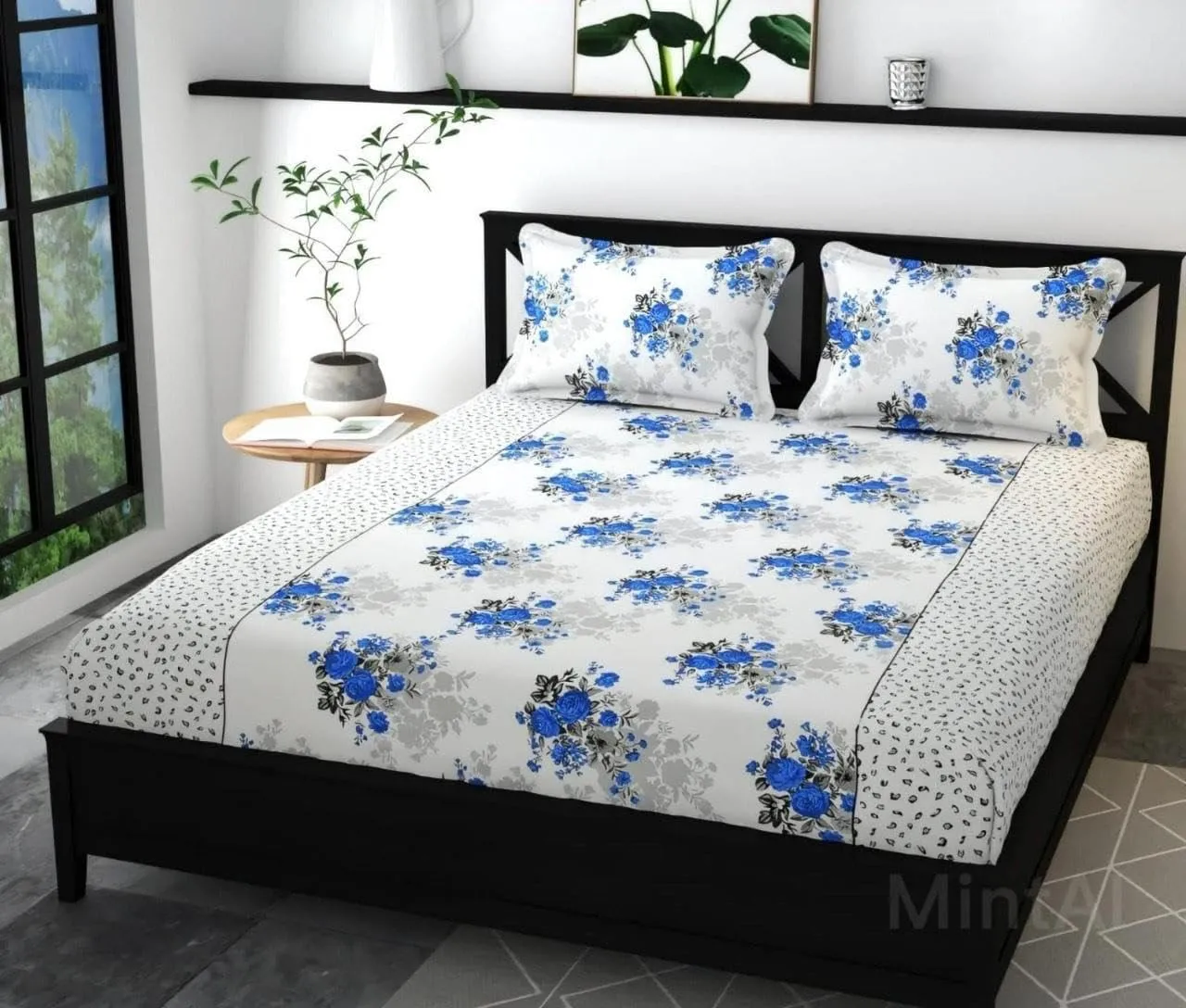 MKS Homes Cotton Feel All Around Elastic Fitted Glace Printed King Size Double Bed Bedsheet with 2 Large Pillow Covers Fits Upto Mattress of 8 Inches,Size - 72 x 78 x 10 Inches- Blue