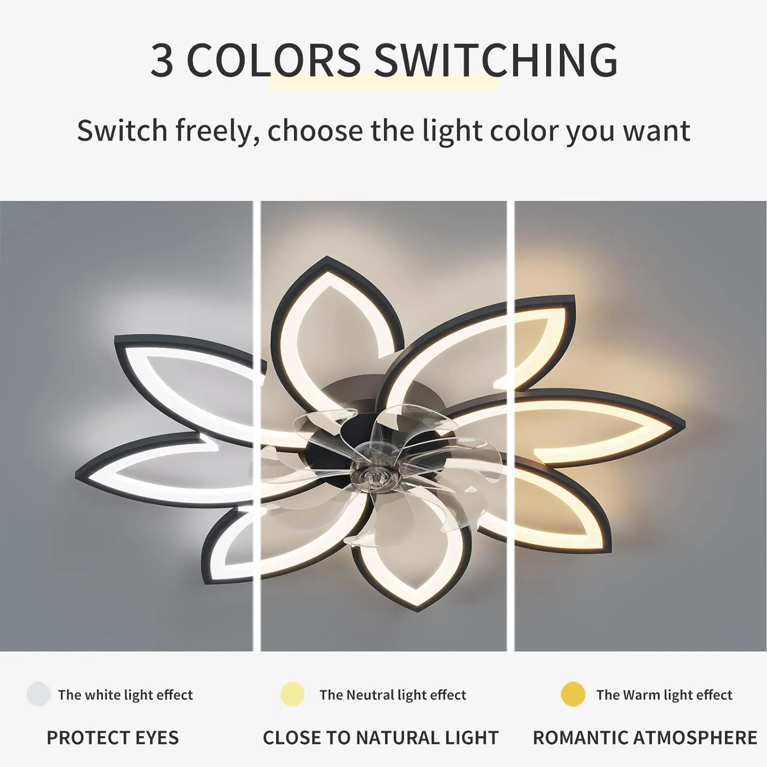 Modern 90cm Ceiling Light Fan, 6 Speeds, 3 Colors, Black