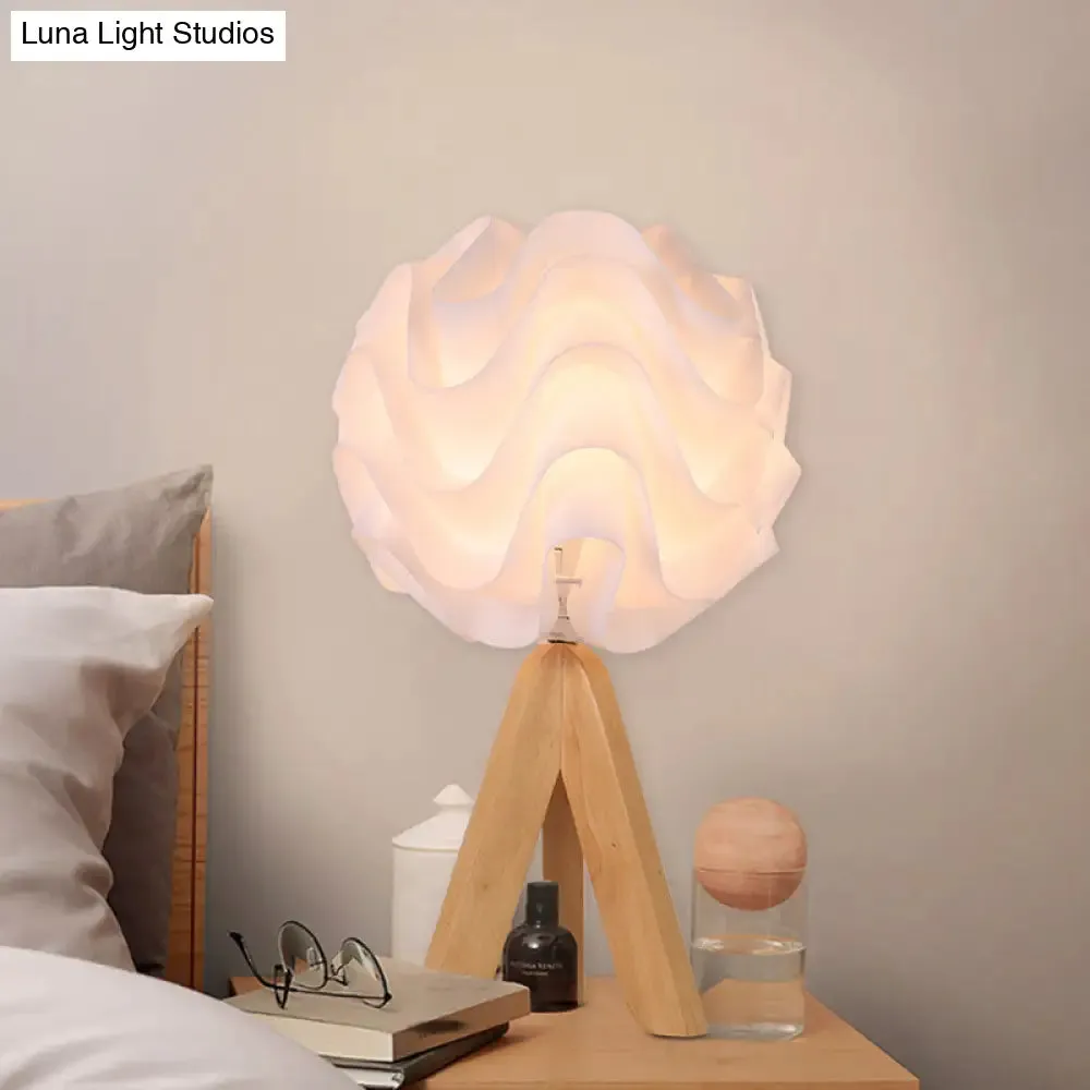 Modern Blossom LED Bedside Lamp with Wood Tripod - White Acrylic Desk Light