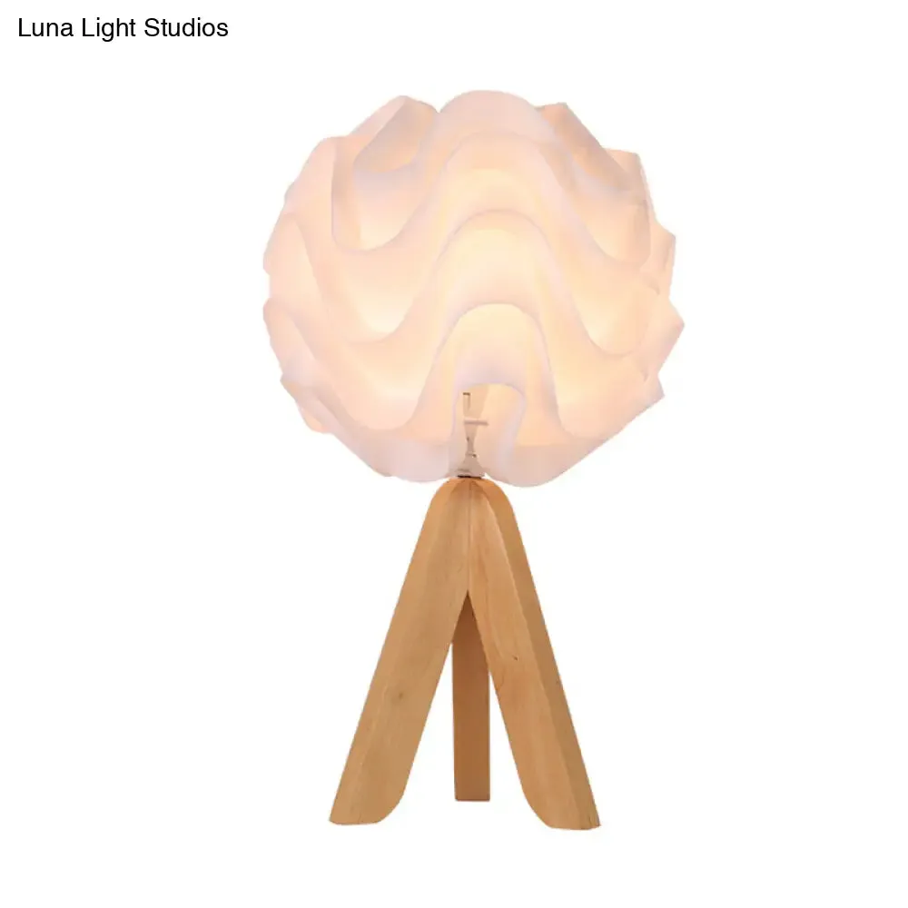 Modern Blossom LED Bedside Lamp with Wood Tripod - White Acrylic Desk Light