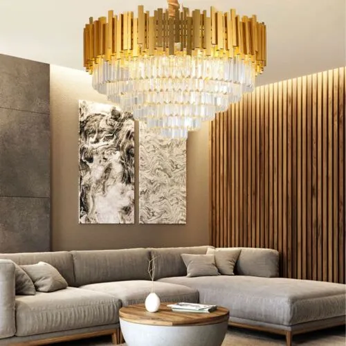 Modern Large Crystal Ceiling Light Gold Pendant Chandelier Lamp for Living Room