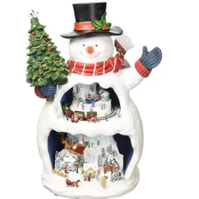 Musical Light Up Animated Snowman Statue with Dual Level Rotating Train and Santa's Sleigh 12"