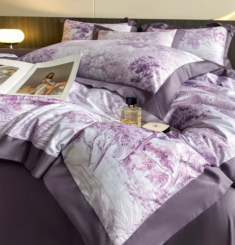 New Forest printing Bedding Set Luxury 4PCS Purple Egyptian Cotton Quilt Cover Bed Sheet Pillowcases Home Textile