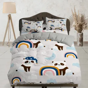 Panda boho rainbow duvet cover kids, bedding set full, king, queen, dorm bedding, toddler bedding, aesthetic bedspread, panda lovers gift