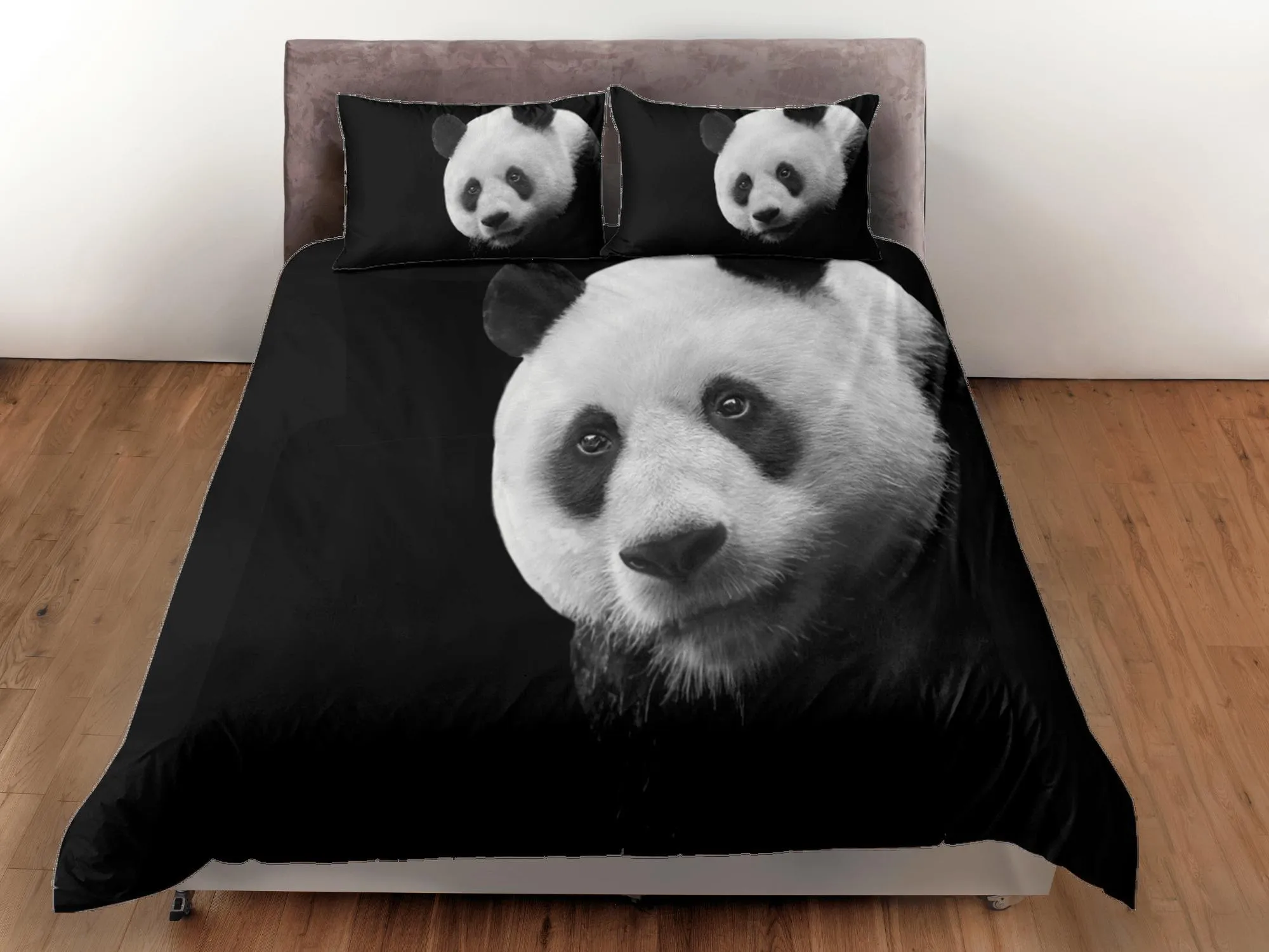 Panda face in black duvet cover set for kids, bedding set full, king, queen, dorm bedding, toddler bedding aesthetic panda lovers gift