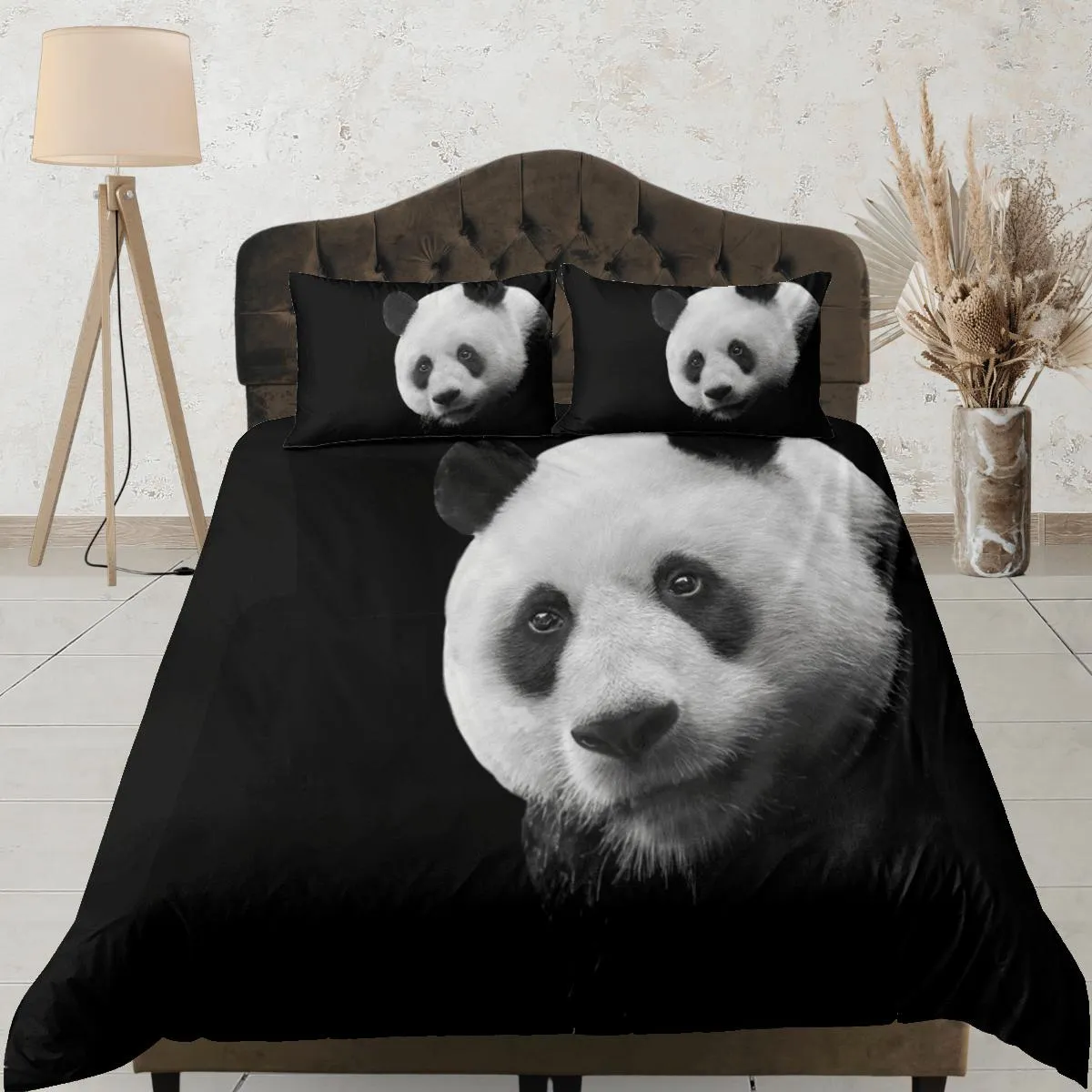 Panda face in black duvet cover set for kids, bedding set full, king, queen, dorm bedding, toddler bedding aesthetic panda lovers gift