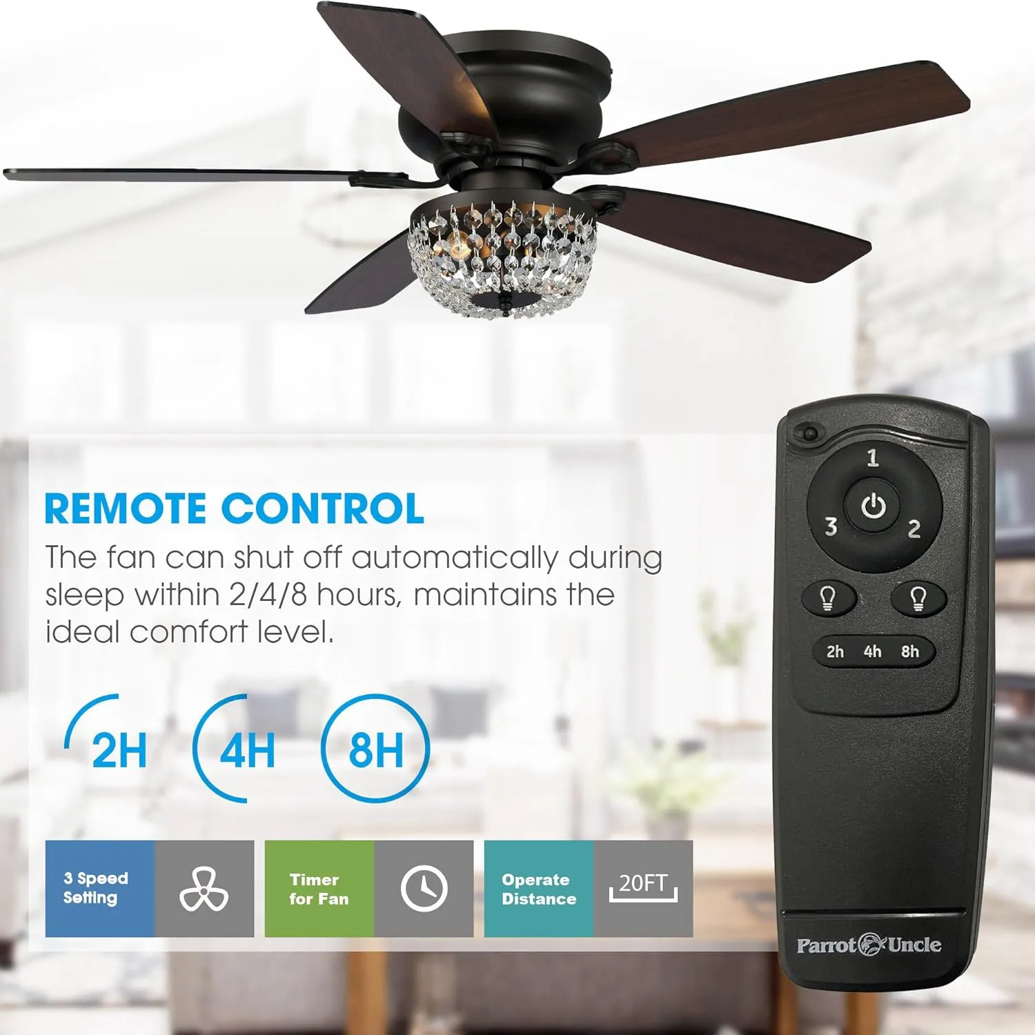 Parrot Uncle 48" Modern Crystal Ceiling Fan Flush Mount with Lighting and Remote Control New