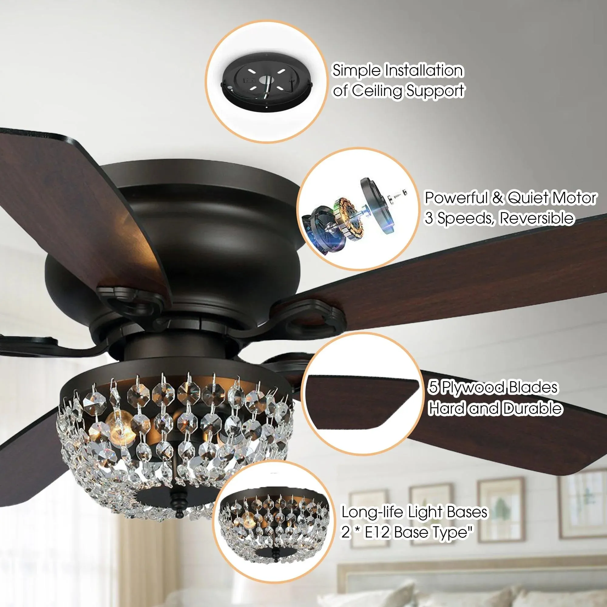 Parrot Uncle 48" Modern Crystal Ceiling Fan Flush Mount with Lighting and Remote Control New