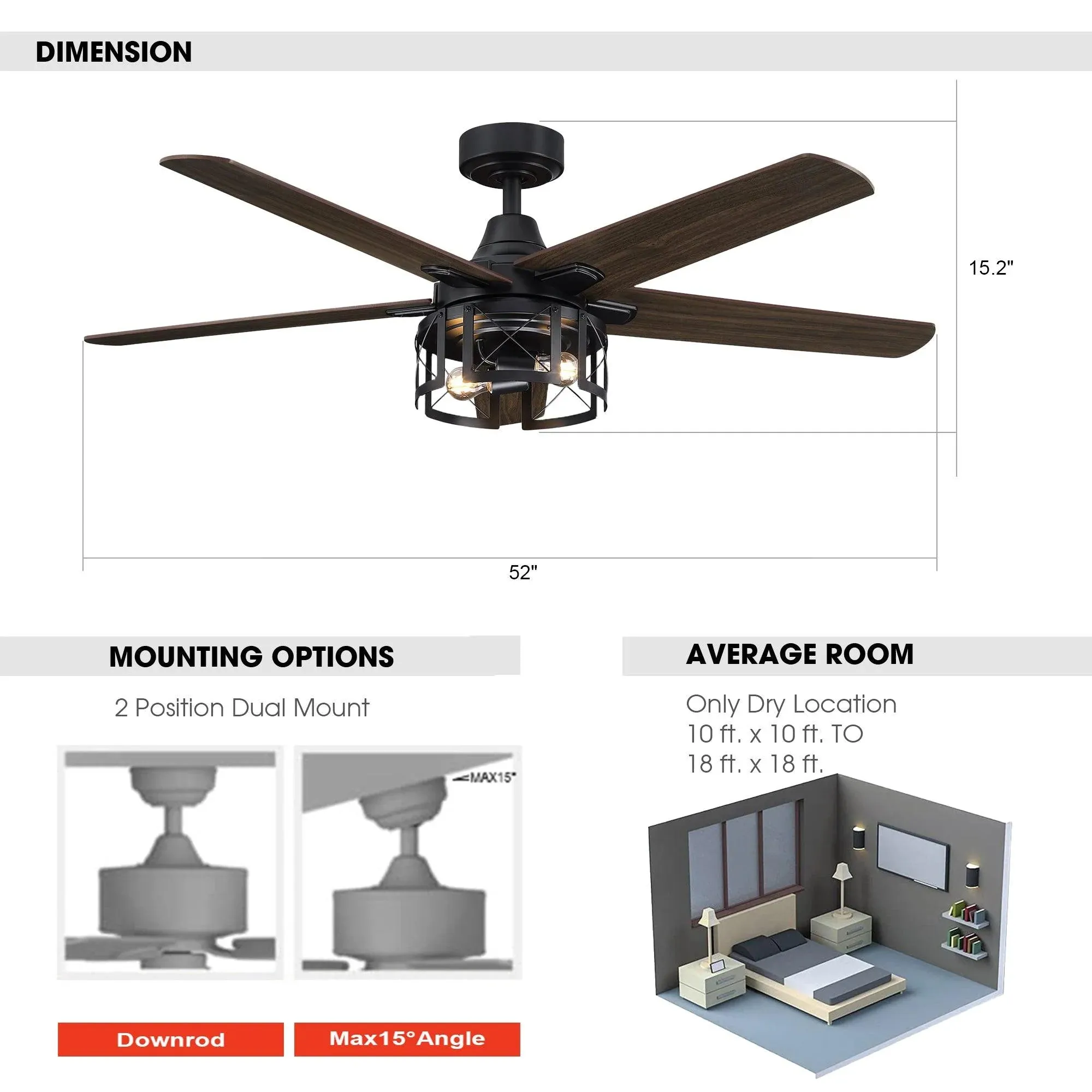 Parrot Uncle 52" Kolkata Industrial Ceiling Fan with Lighting and Remote Control New