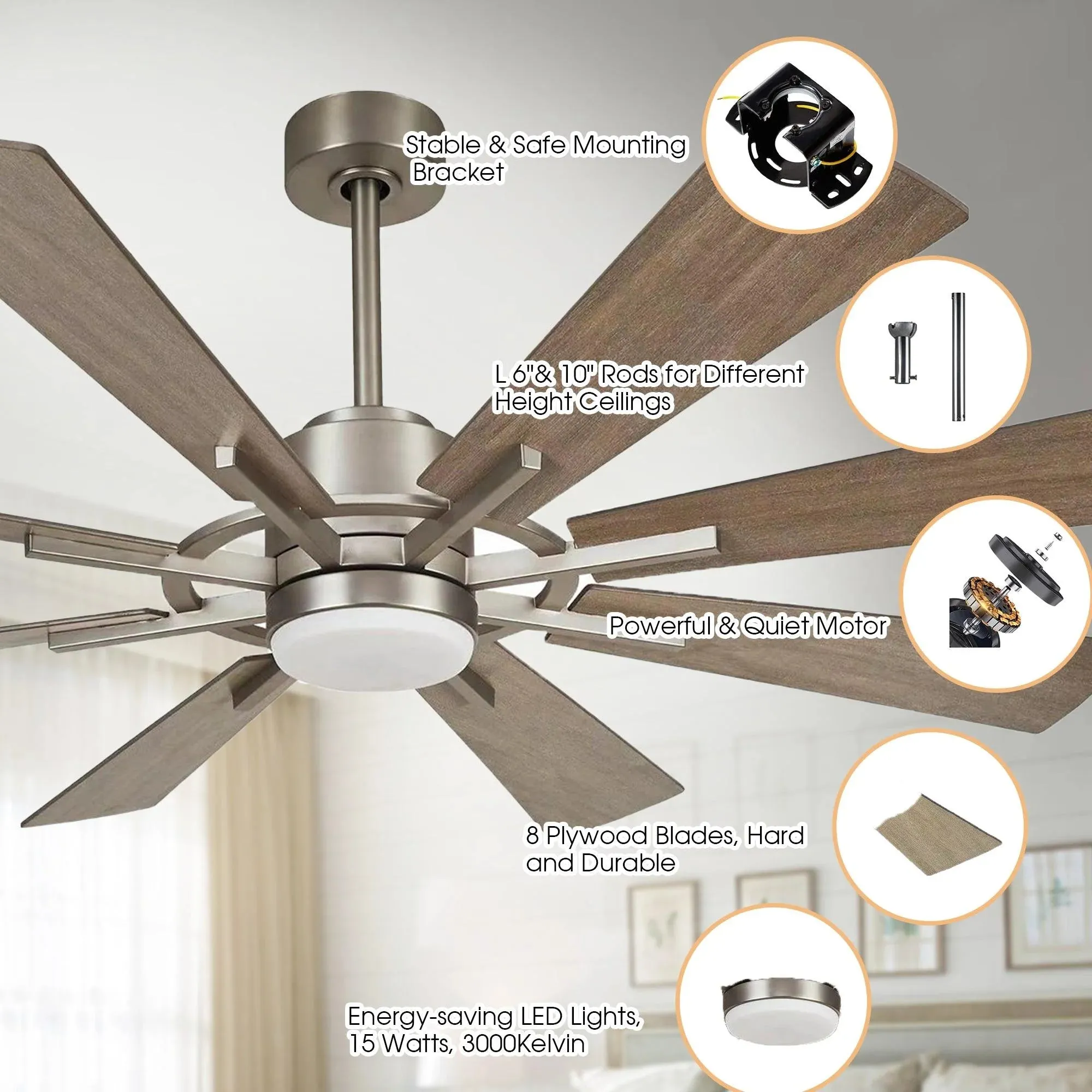 Parrot Uncle 60" Oretha Ceiling Fan Windmill Farmhouse Style with Lighting and Remote Control New