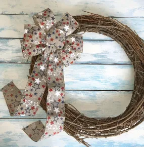 Patriotic Wired Burlap Wreath Bow - 10" Wide, 18" Long