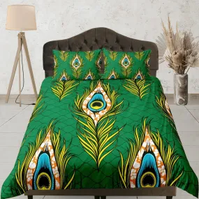 Peacock feather african bedding set green duvet cover, boho bedding set, peacock decor, afrocentric designer bedding, south african gift