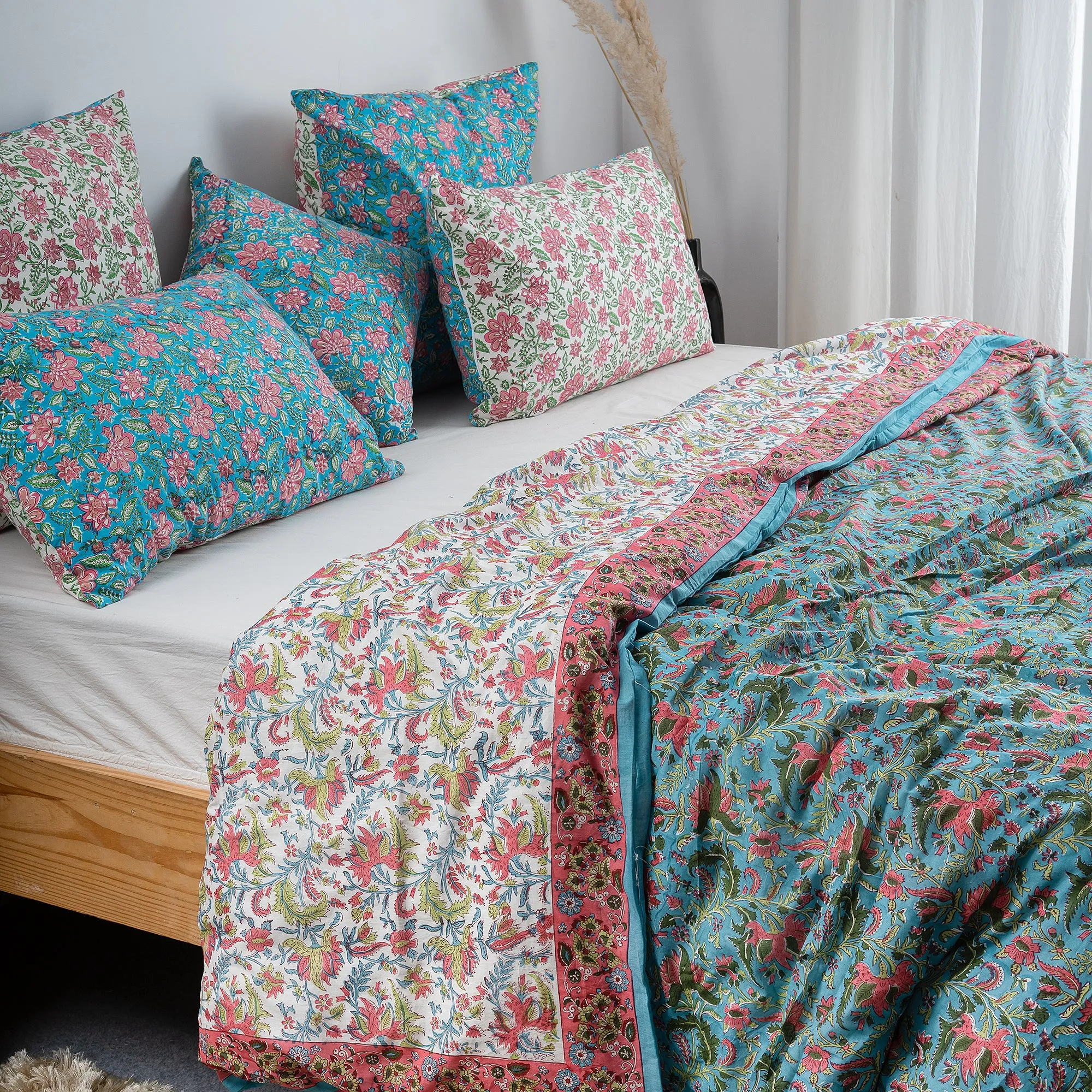 Premium Sky Blue Floral Block Printed King Size Duvet Cover With Shams