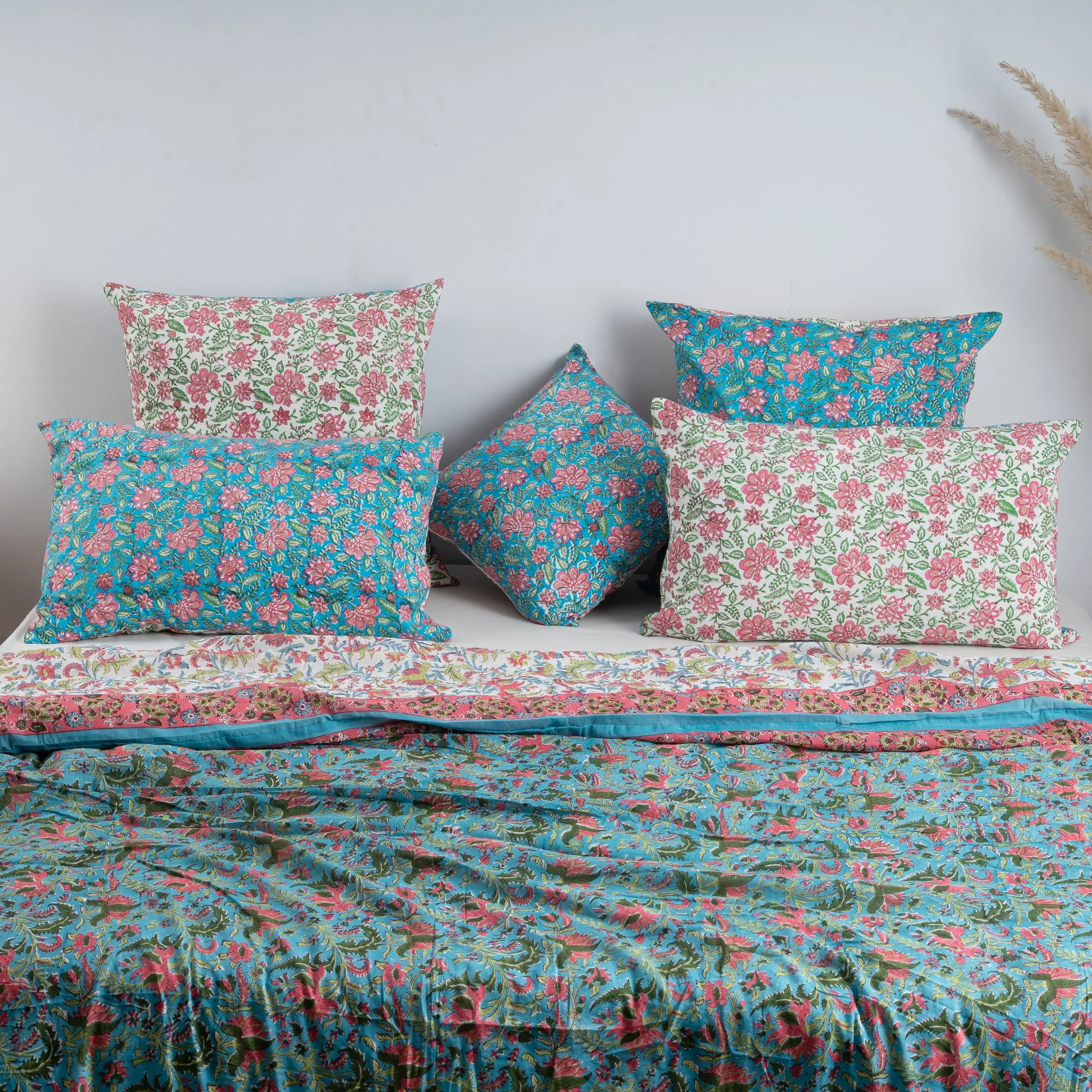 Premium Sky Blue Floral Block Printed King Size Duvet Cover With Shams