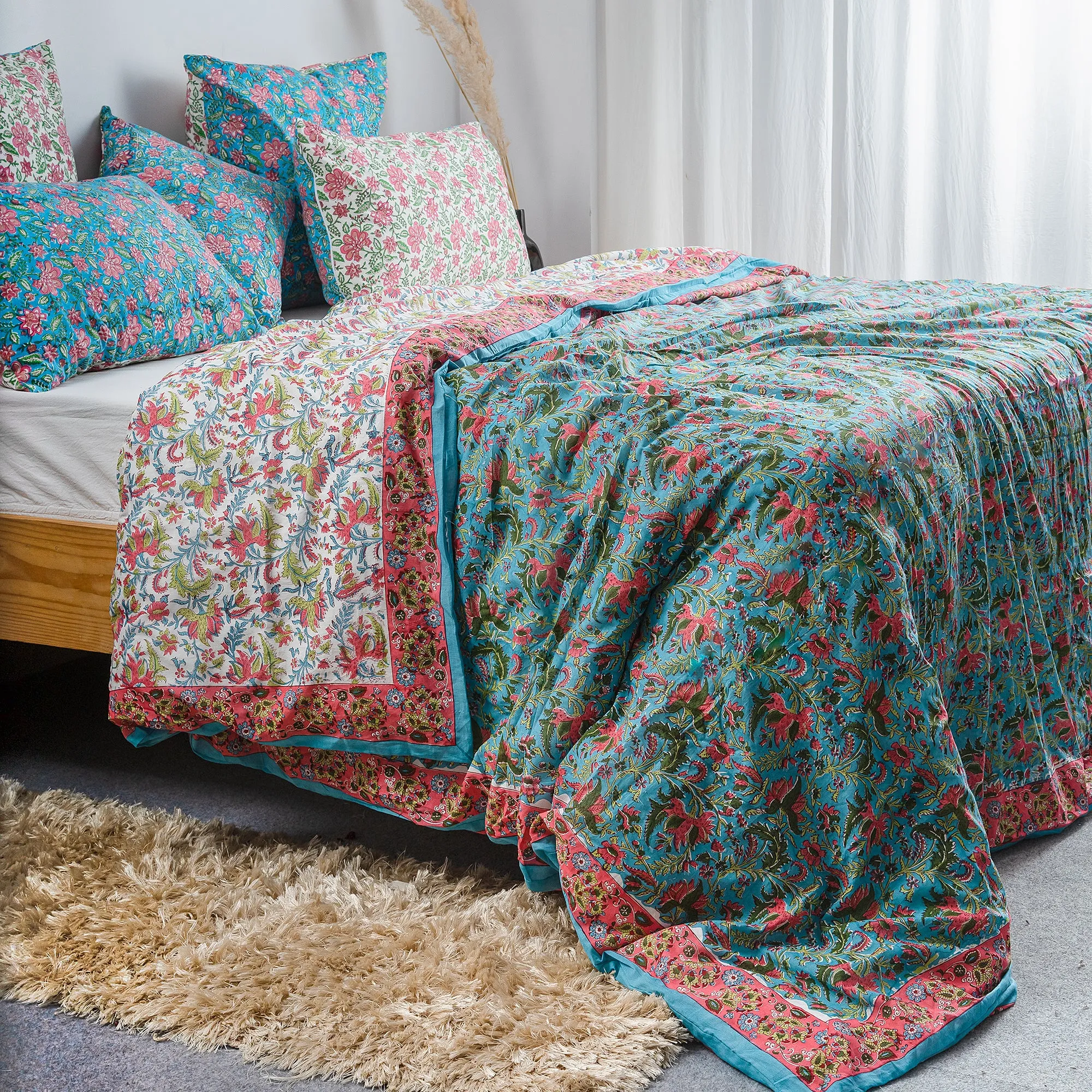 Premium Sky Blue Floral Block Printed King Size Duvet Cover With Shams