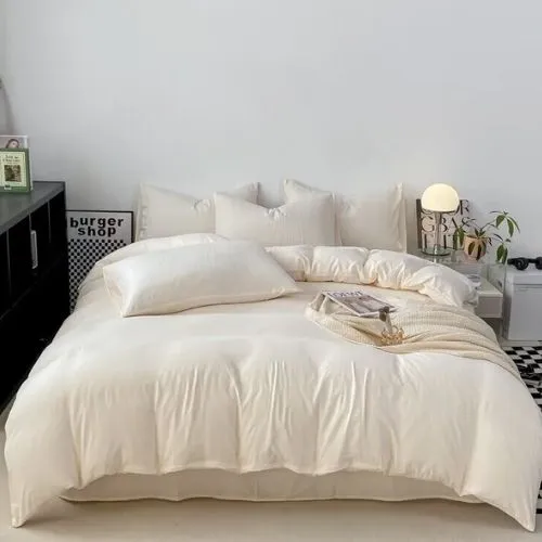 Queen size 6 Pieces bedding Set, Washable Cotton Milky White  Color.