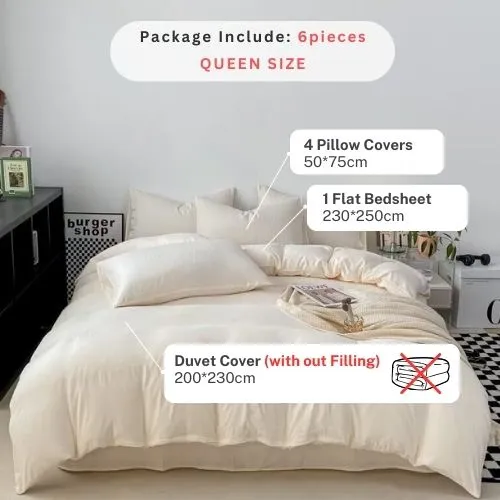 Queen size 6 Pieces bedding Set, Washable Cotton Milky White  Color.