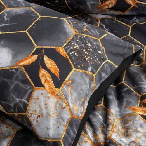 Queen/Double size 6 pieces, Black with Gold Marble Design Duvet Cover set.