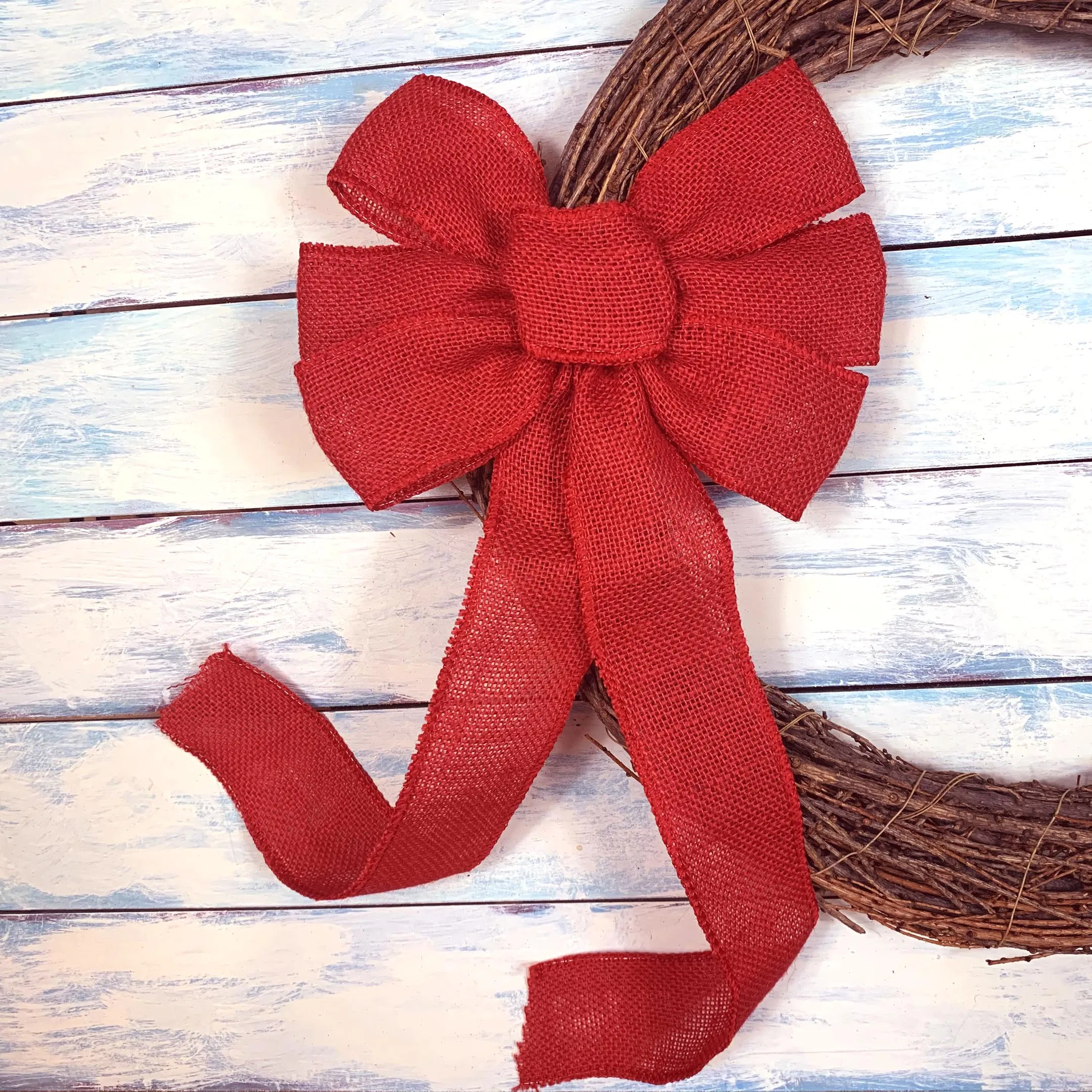 Red Burlap Ribbon Wreath Bow - 10" Wide, 18" Long Tails