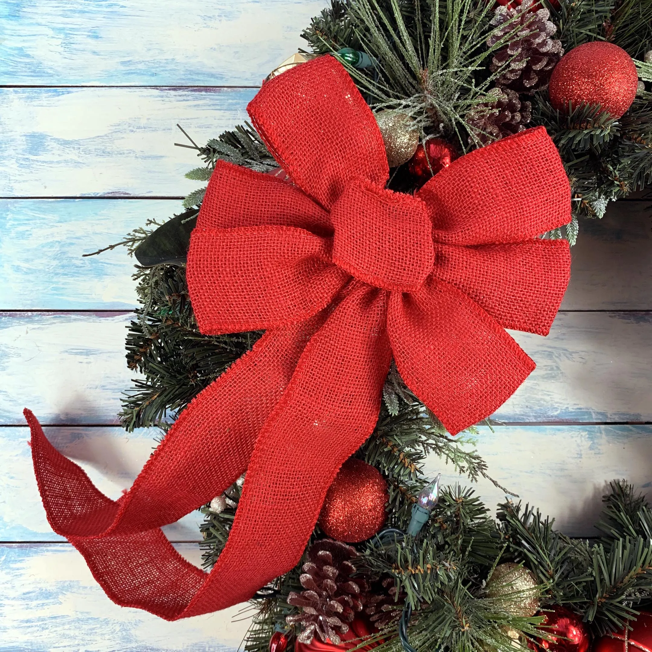 Red Burlap Ribbon Wreath Bow - 10" Wide, 18" Long Tails