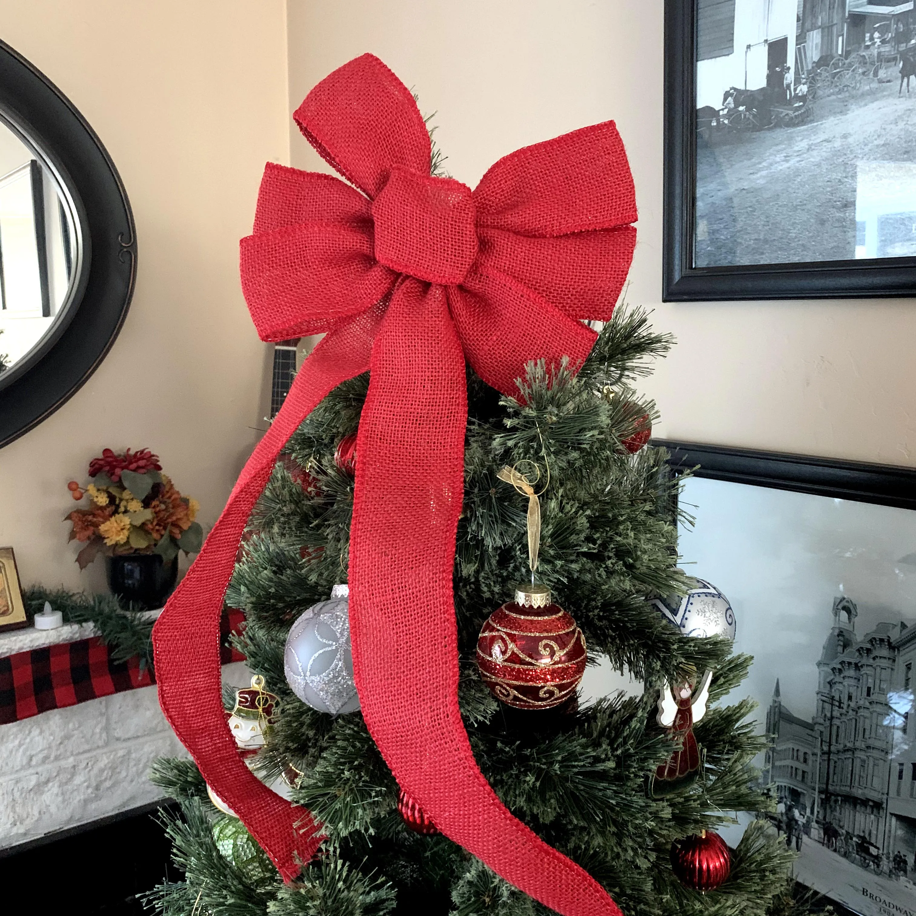 Red Burlap Ribbon Wreath Bow - 10" Wide, 18" Long Tails