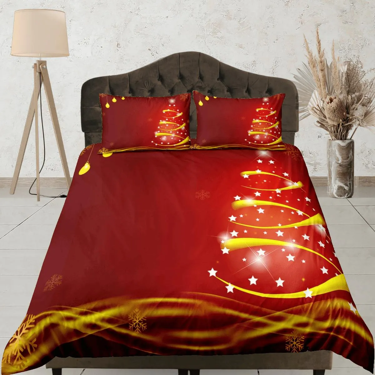 Red glowing Christmas tree bedding & pillowcase holiday gift duvet cover king queen full twin toddler bedding baby Christmas farmhouse decor