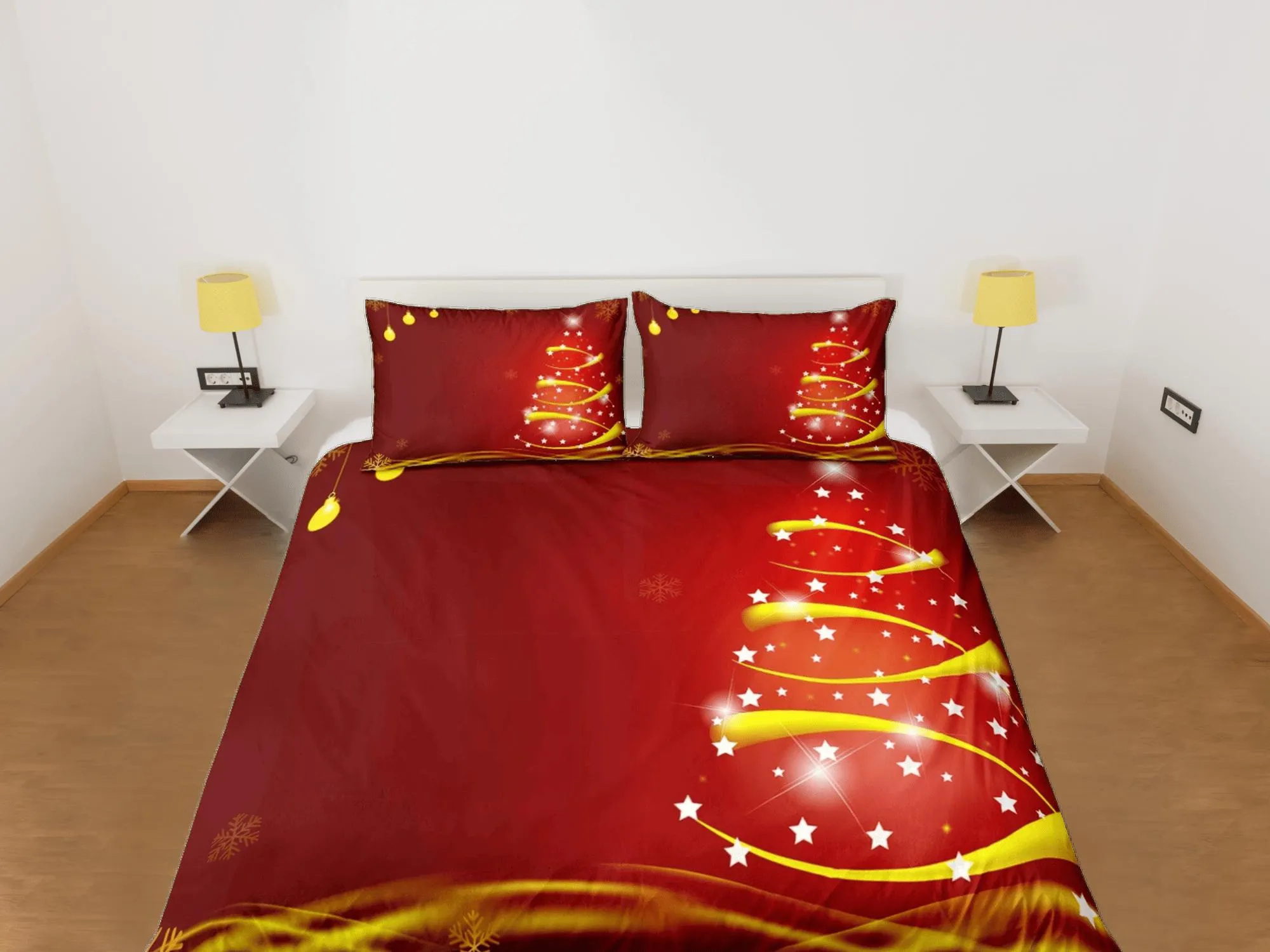 Red glowing Christmas tree bedding & pillowcase holiday gift duvet cover king queen full twin toddler bedding baby Christmas farmhouse decor