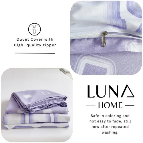 Single Size 4 Pieces Set, Reversible Duvet Cover Set, Squares Design with Light Orchid Color.