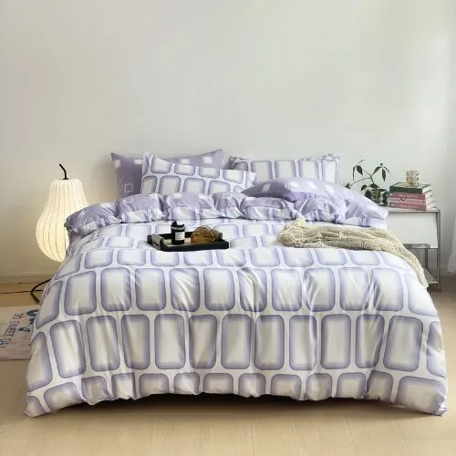 Single Size 4 Pieces Set, Reversible Duvet Cover Set, Squares Design with Light Orchid Color.