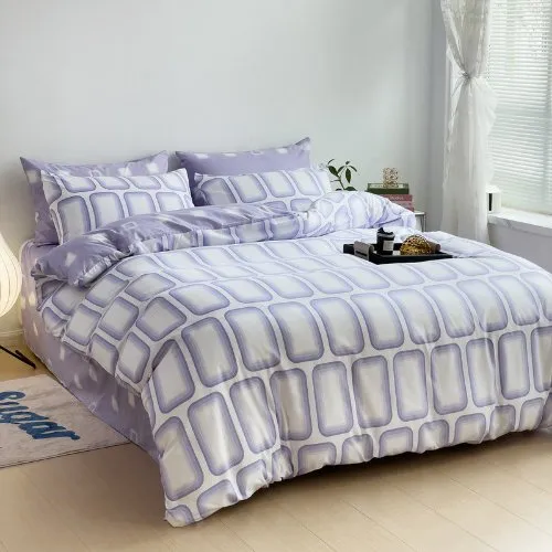 Single Size 4 Pieces Set, Reversible Duvet Cover Set, Squares Design with Light Orchid Color.