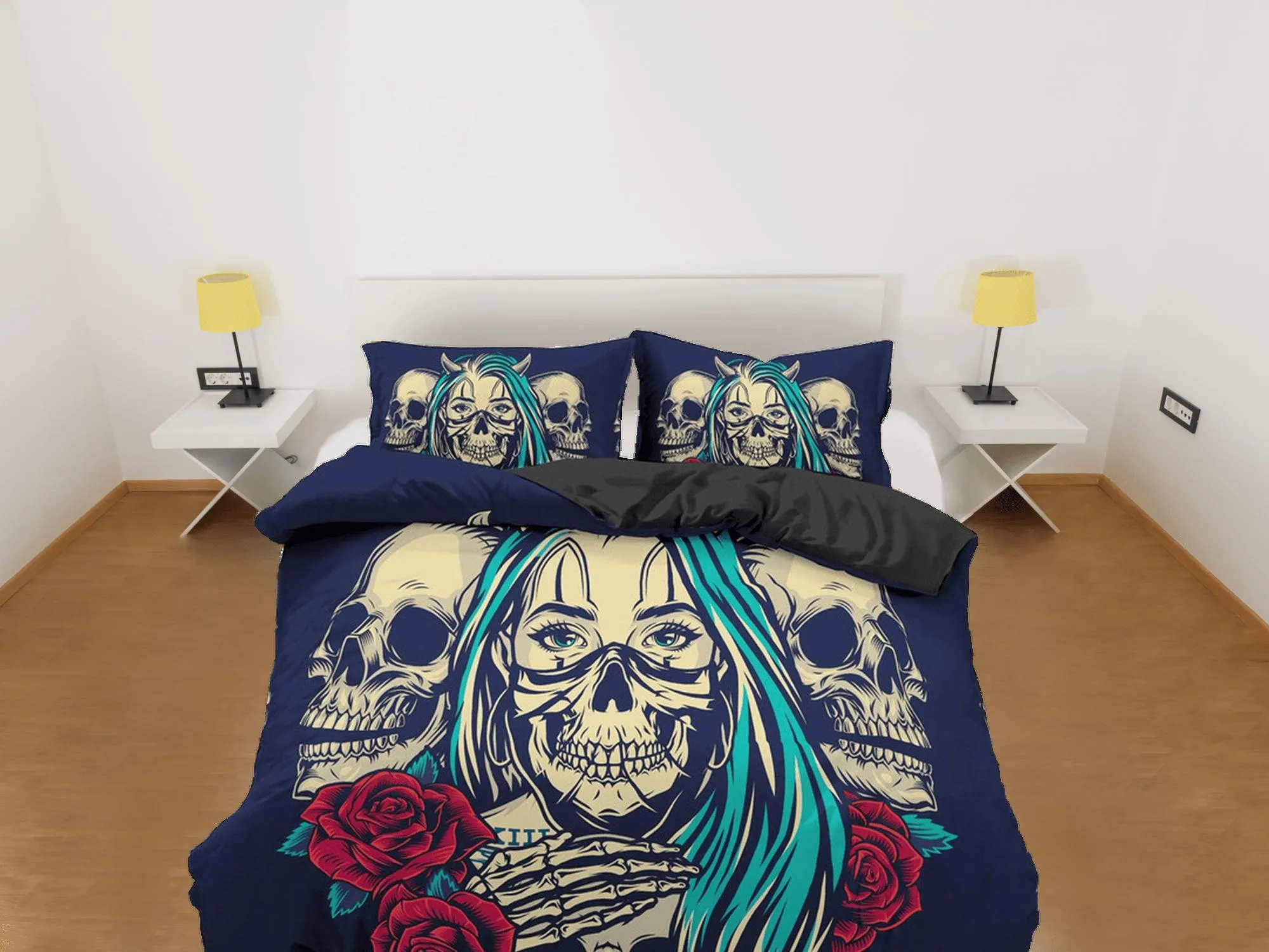 Skull and Roses Black Duvet Cover Set Gangster Bedspread Dorm Bedding Pillowcase Comforter Cover