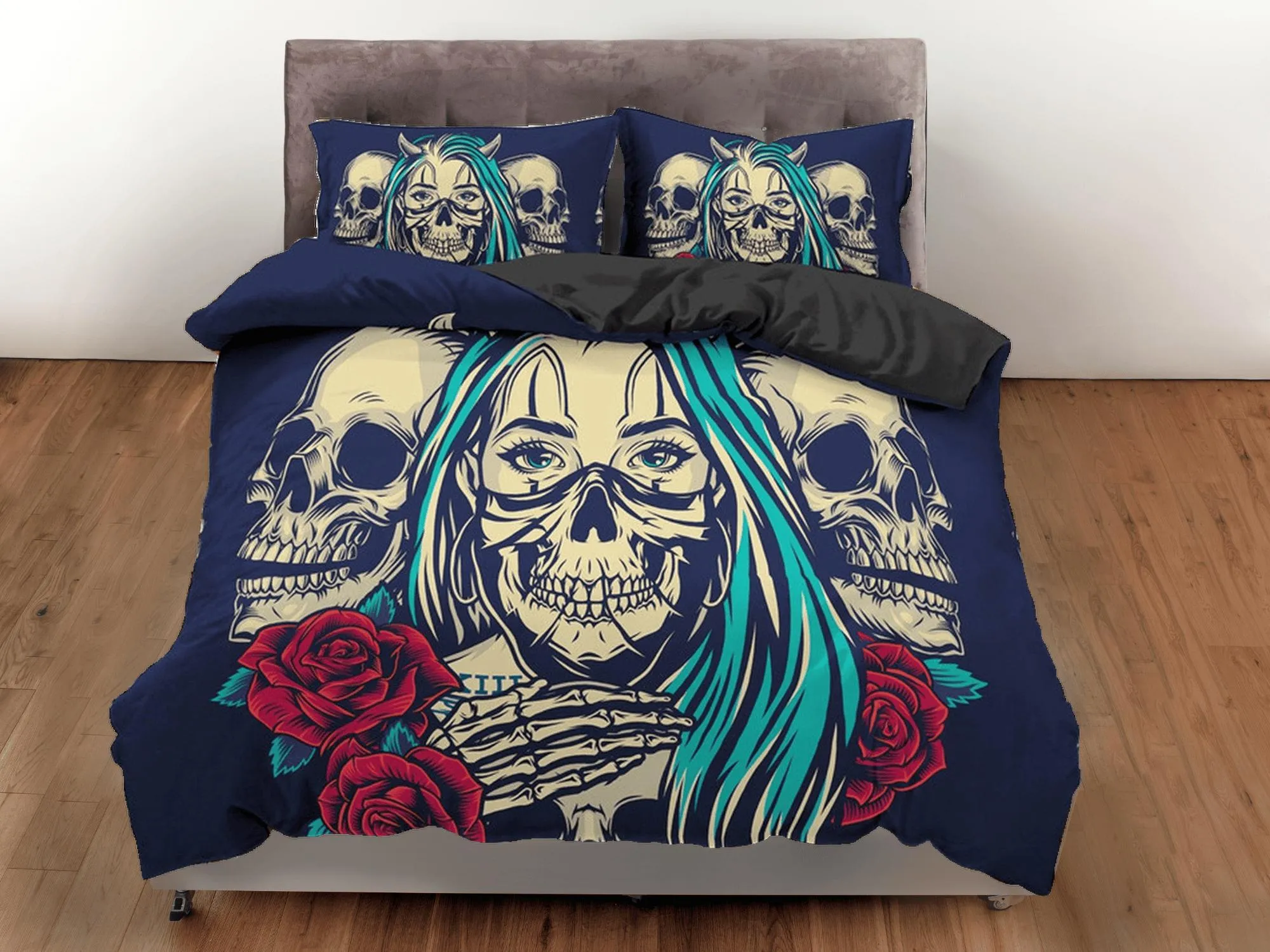 Skull and Roses Black Duvet Cover Set Gangster Bedspread Dorm Bedding Pillowcase Comforter Cover