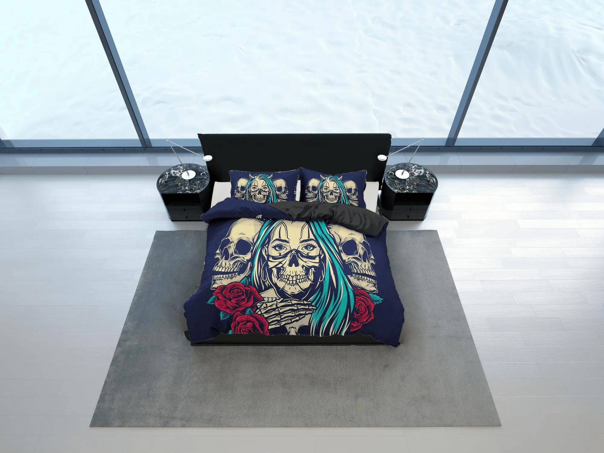 Skull and Roses Black Duvet Cover Set Gangster Bedspread Dorm Bedding Pillowcase Comforter Cover